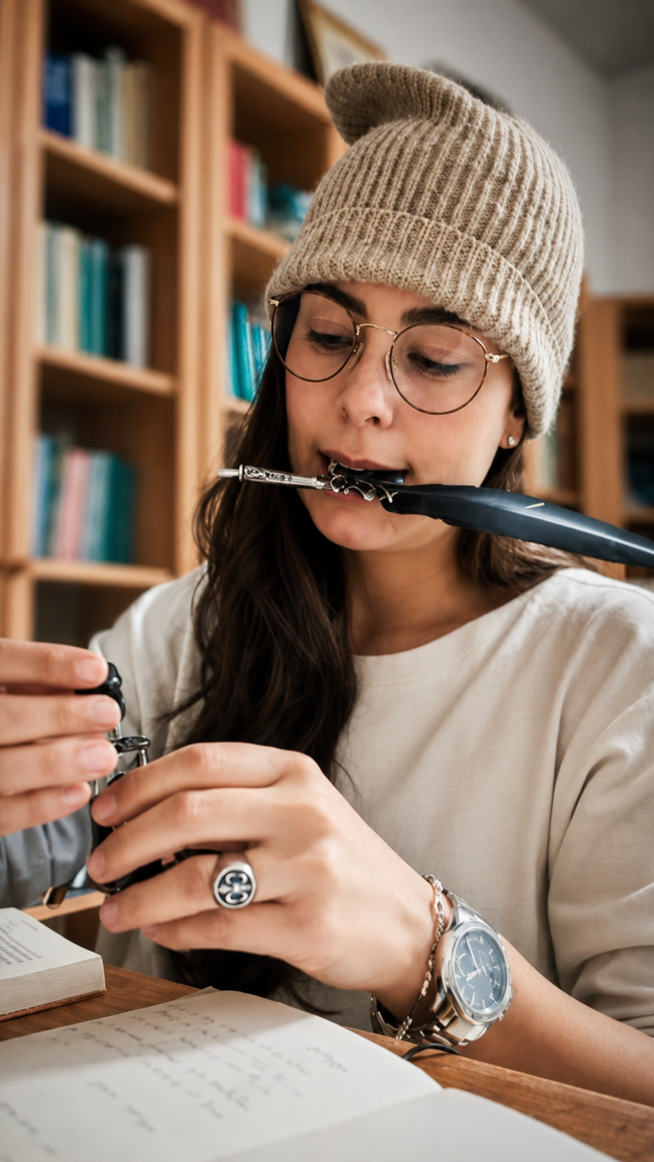Regiane Severini estudando à mesa, com livro e caneta em mãos